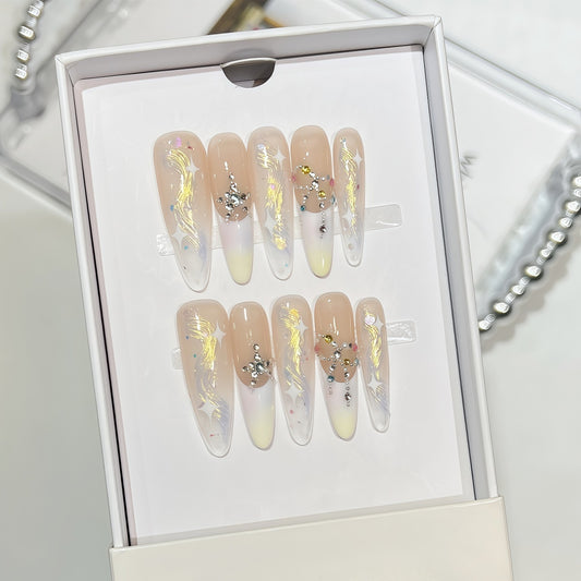 Extra long almond nude and white french tip handmade press-on nails with crystal accents