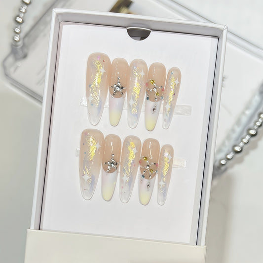 Extra long almond nude and white french tip handmade press-on nails with crystal accents