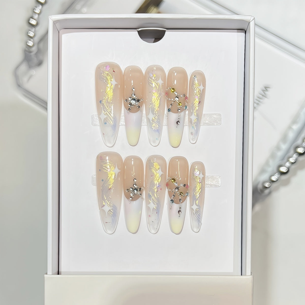 Extra long almond nude and white french tip handmade press-on nails with crystal accents