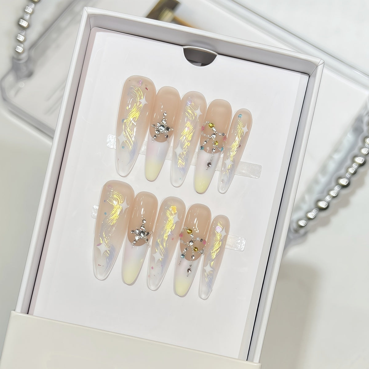 Extra long almond nude and white french tip handmade press-on nails with crystal accents