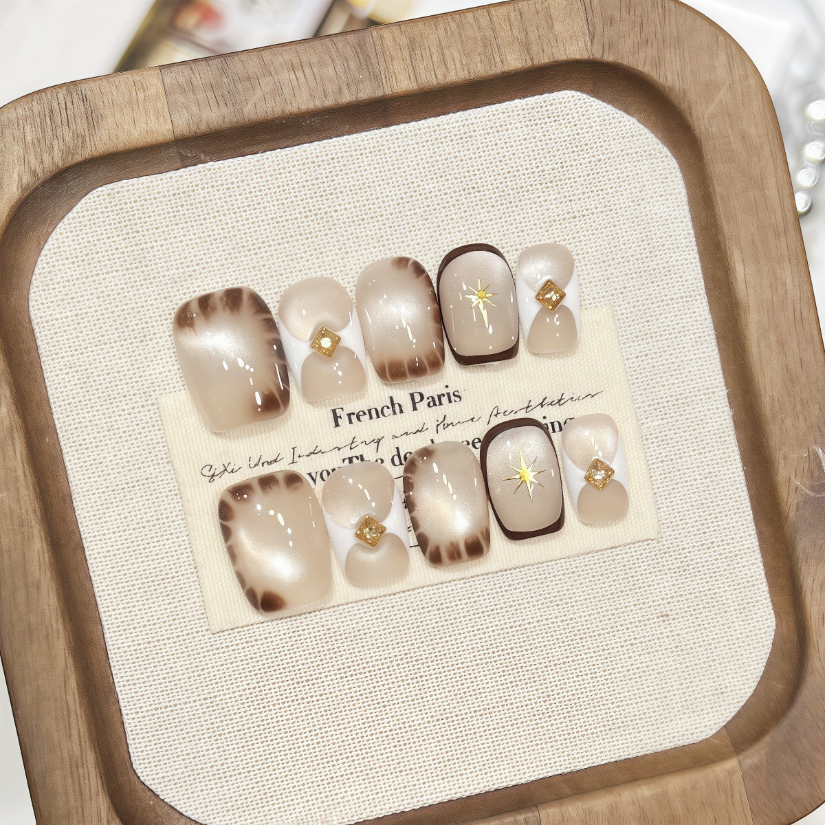 Short square handmade press-on nails with cat-eye shimmer and crocodile texture