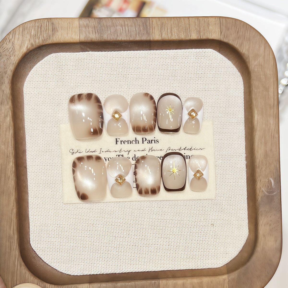 Short square handmade press-on nails with cat-eye shimmer and crocodile texture