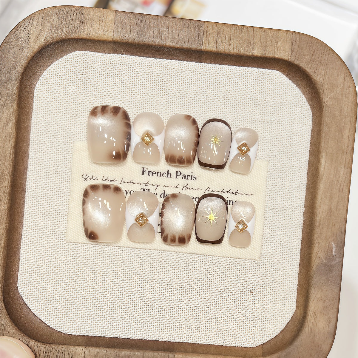 Short square handmade press-on nails with cat-eye shimmer and crocodile texture