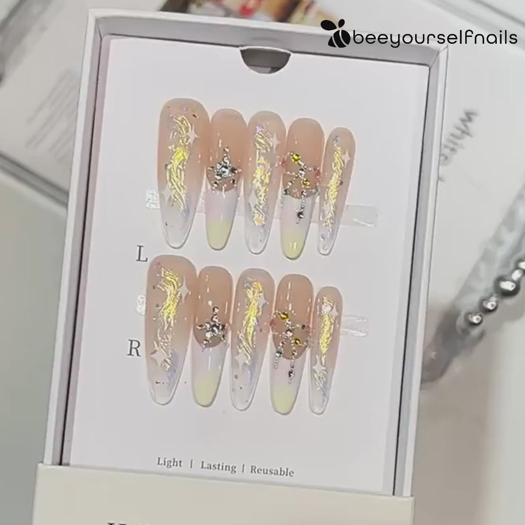 Extra long almond nude and white french tip handmade press-on nails with crystal accents