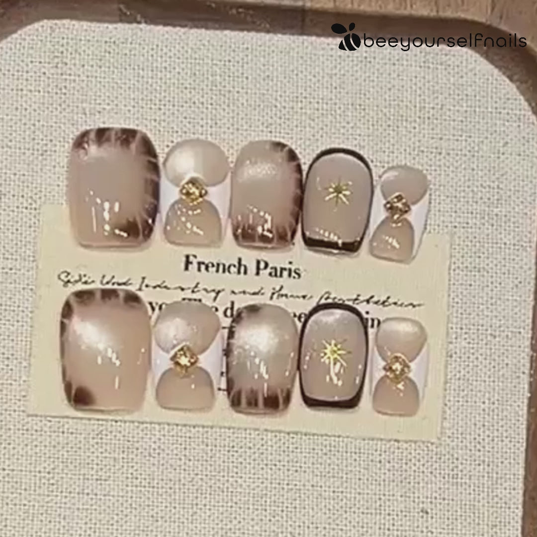 Short square handmade press-on nails with cat-eye shimmer and crocodile texture